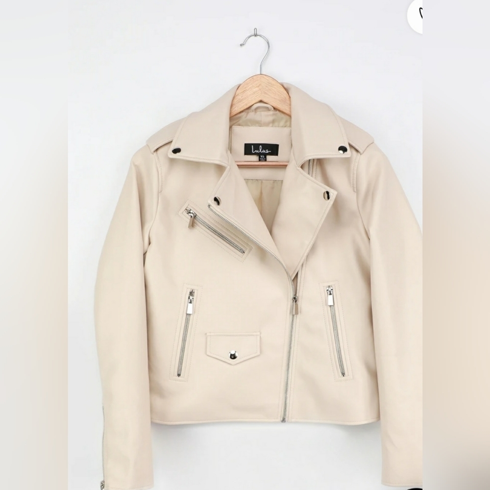 Lulus beige vegan Leather moto jacket - Picture 1 of 5